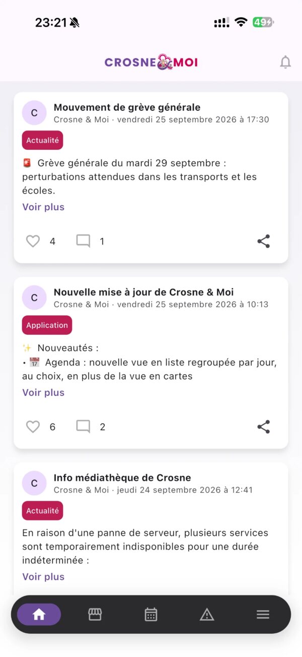 Écran d'accueil de Crosne & Moi : le fil des actualités de la ville