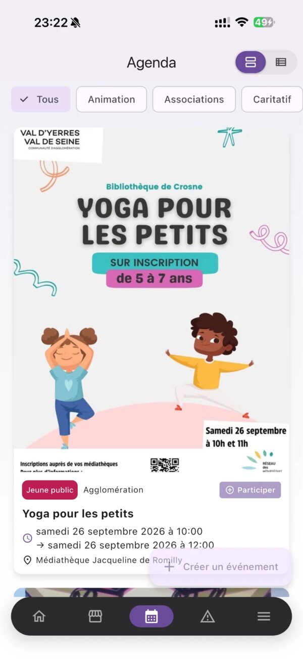 Écran agenda de Crosne & Moi : les événements de la ville, filtrables par catégorie